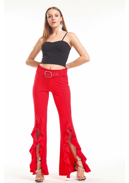Kemerli Yandan Volanlu Scuba Krep PANTOLON_PNT33381 Kırmızı