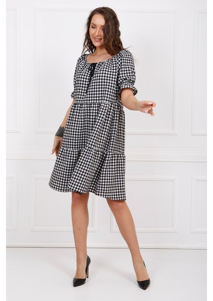 Gipeli Büzgülü Reglan Yaka Gofre Elbise | ELB33651 Siyah