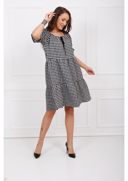 Gipeli Büzgülü Reglan Yaka Gofre Elbise | ELB33651 Siyah