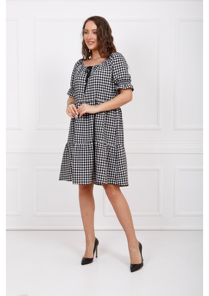 Gipeli Büzgülü Reglan Yaka Gofre Elbise | ELB33651 Siyah