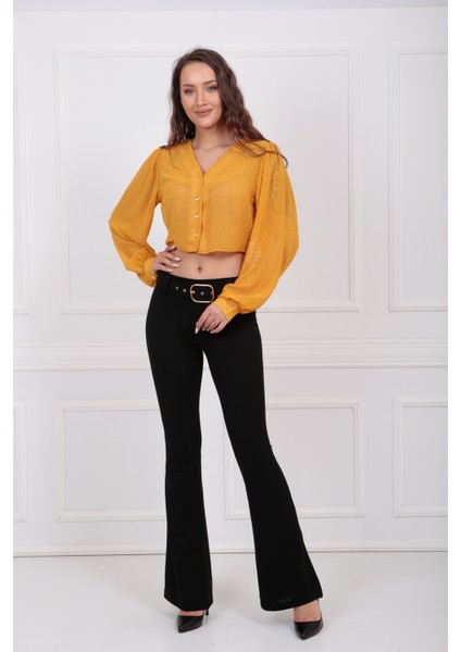 Ispanyol Paça Kemerli Örme Kumaş Pantolon PNT32439