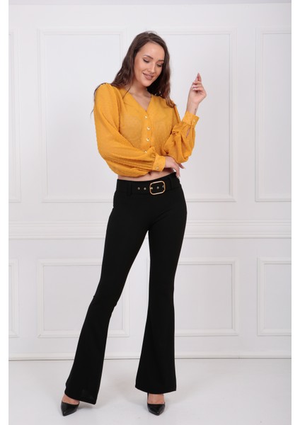 Ispanyol Paça Kemerli Örme Kumaş Pantolon PNT32439