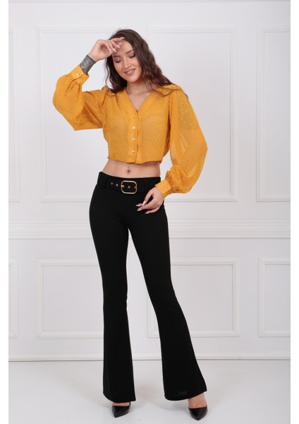 Ispanyol Paça Kemerli Örme Kumaş Pantolon PNT32439