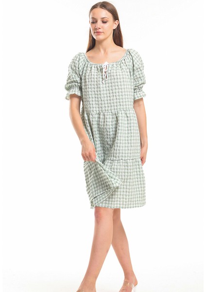Gipeli Büzgülü Reglan Yaka Gofre Elbise | ELB33651 Yesıl