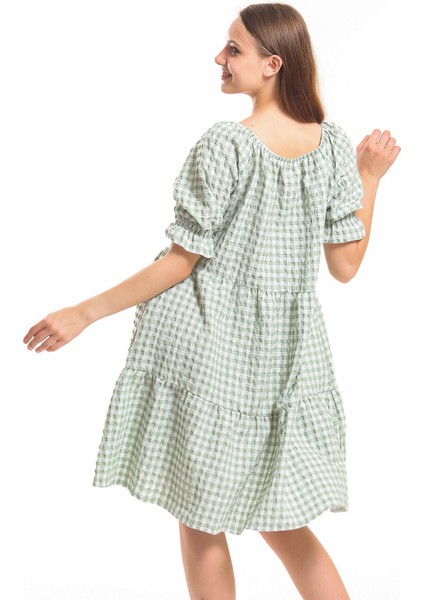 Gipeli Büzgülü Reglan Yaka Gofre Elbise | ELB33651 Yesıl
