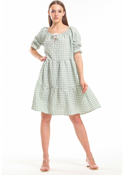 Gipeli Büzgülü Reglan Yaka Gofre Elbise | ELB33651 Yesıl