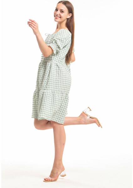 Gipeli Büzgülü Reglan Yaka Gofre Elbise | ELB33651 Yesıl modelleri