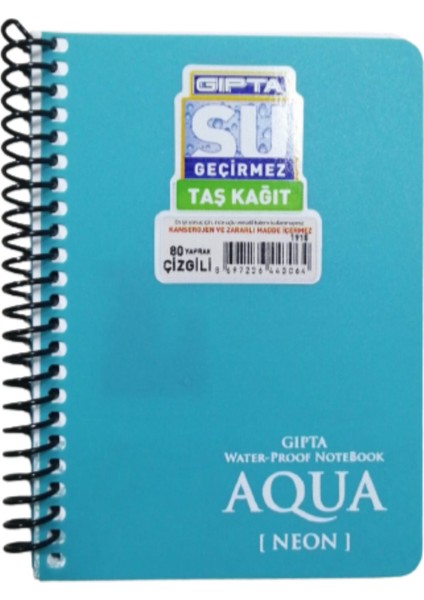 Açık Mavi Aqua Neon Su Geçirmez Taş Kağıt A6 80 Yaprak Çizgili