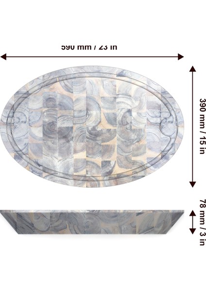 Interbuild Masif Akasya End Grain Oval Doğrama Kasap Bloğu 59 x 39 x 7,8 cm. Organik Beyaz