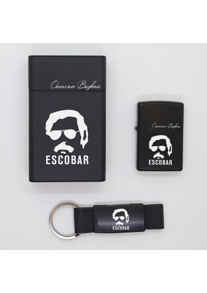 Kişiye Özel Eskobar Metal Sigara Kutusu, Zippo Çakmak ve Anahtarlık Seti