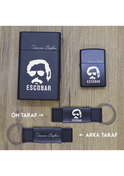 Kişiye Özel Eskobar Metal Sigara Kutusu, Zippo Çakmak ve Anahtarlık Seti