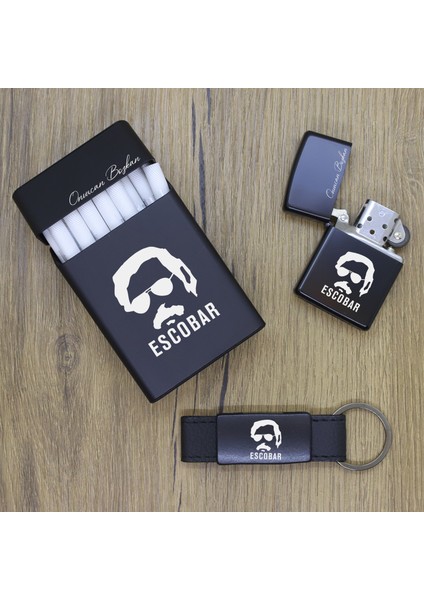 Kişiye Özel Eskobar Metal Sigara Kutusu, Zippo Çakmak ve Anahtarlık Seti
