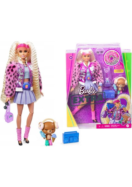 Ekstra Bebek / Kürklü Kolları ve Evcil Hayvan Oyuncak Ayı ile Üniversite Ceketli Barbie