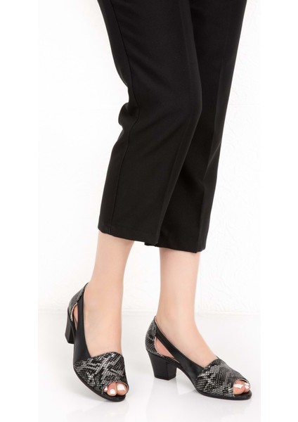 Deri Yılan Desen Ayrıntılı Topuklu Ayakkabı VDT.261 - Siyah - 35