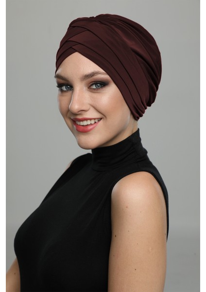 Üç Bantlı Kahve Hazır Türban Tesettür Havuz Bonesi fiyatları