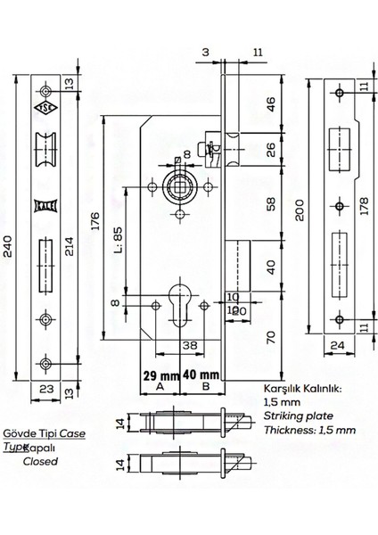 152 R Çelik Silindirli Gömme Kilit Kapı Kilidi 40 mm modelleri