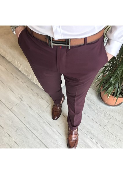 Italyan Stil Slim Fit Erkek Kumaş Pantolon Bordo T4423