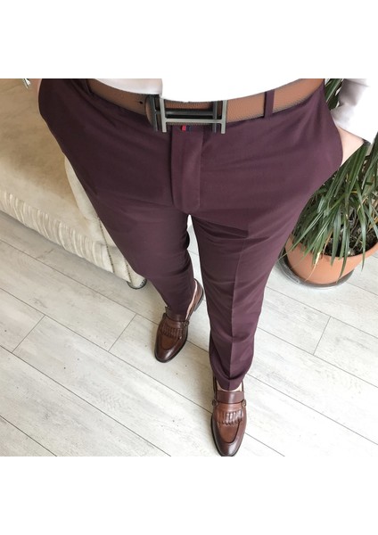 Italyan Stil Slim Fit Erkek Kumaş Pantolon Bordo T4423