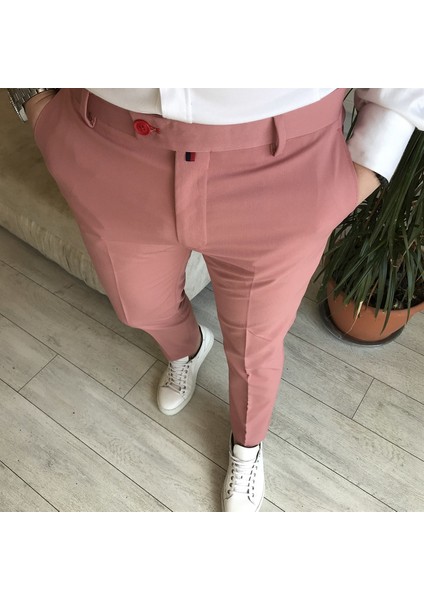 Italyan Stil Slim Fit Erkek Kumaş Pantolon Açık Pembe T5260