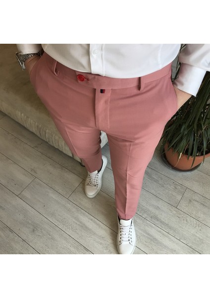 Italyan Stil Slim Fit Erkek Kumaş Pantolon Açık Pembe T5260