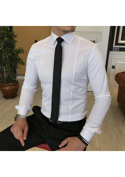 Italyan Stil Slim Fit Erkek Kravat Yaka Gömlek Beyaz T4775
