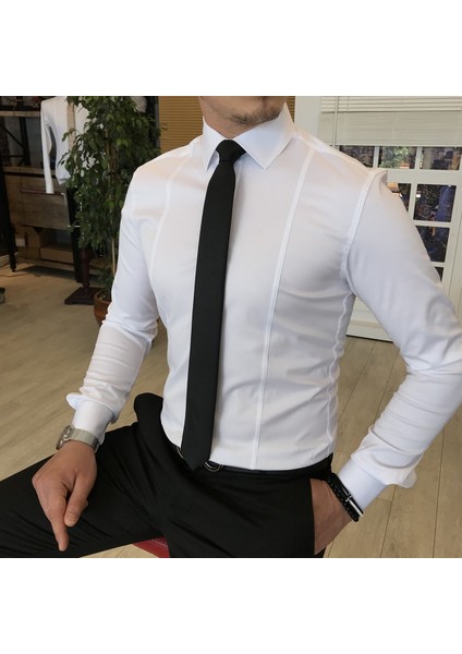 Italyan Stil Slim Fit Erkek Kravat Yaka Gömlek Beyaz T4775 fiyatları