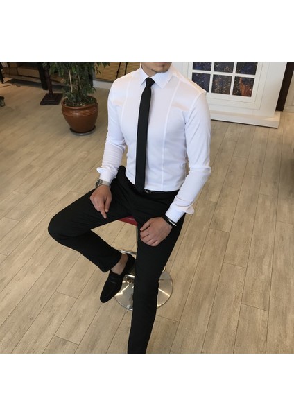 Italyan Stil Slim Fit Erkek Kravat Yaka Gömlek Beyaz T4775 modelleri