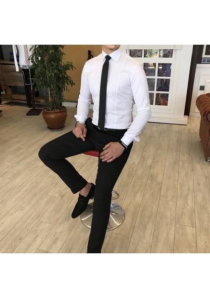 Italyan Stil Slim Fit Erkek Kravat Yaka Gömlek Beyaz T4775 fırsatları