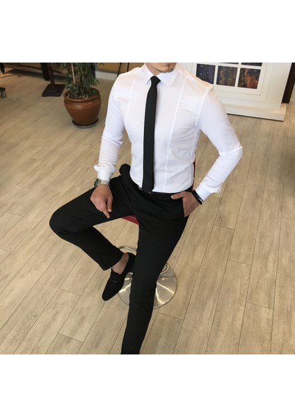 Italyan Stil Slim Fit Erkek Kravat Yaka Gömlek Beyaz T4775 indirimleri