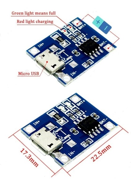 Lipo - Li Ion Pil Şarj Devresi Micro USB Girişli - 1s Lipo Pil Uyumlu