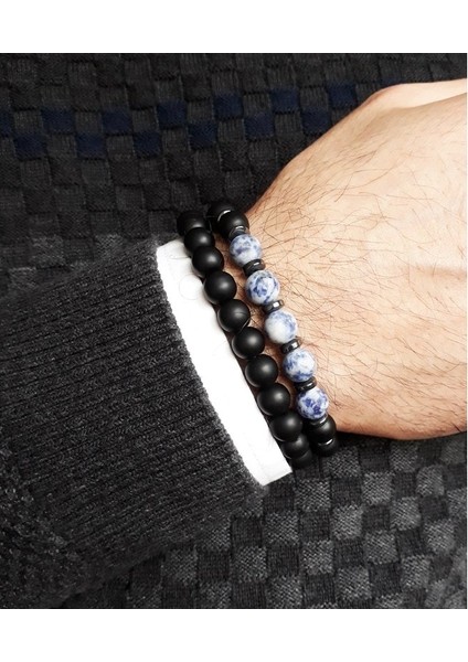 Sodalit - Hematit - Oniks Doğal Taş Erkek Bileklik