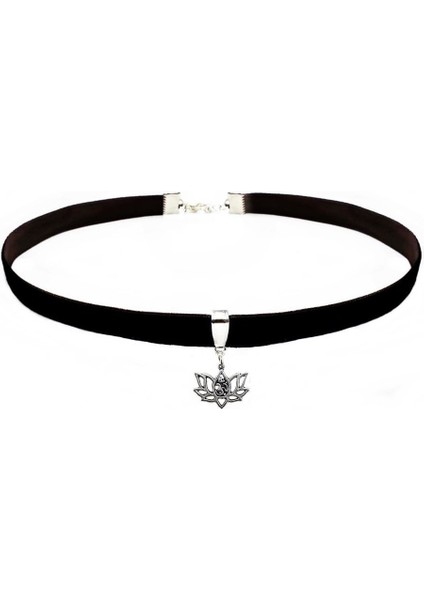 Siyah Renk Kadife Lotus Çiçeği Choker Kolye