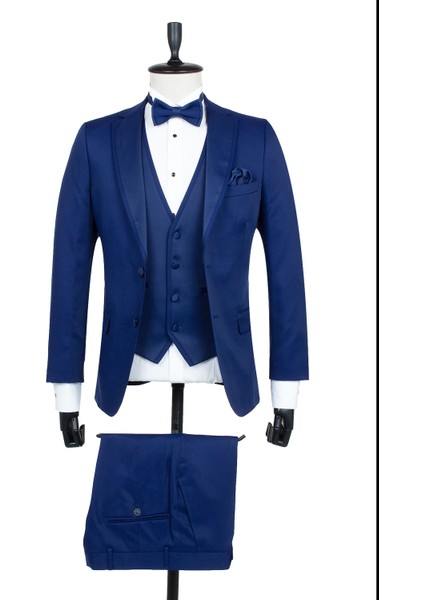 Lacivert Desenli Armürlü Mono Yaka Astarlı Yelekli 6 Drop Slim Fit Dar Kesim Smokin Damatlık 1001195219