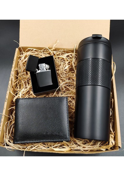 Siyah French Pressli Çelik Termos & Erkek Cüzdan & Zippo Çakmak