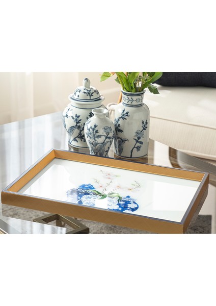 Bleu Blanc Cam Dekoratif Tepsi 31 x 46 cm. Gold