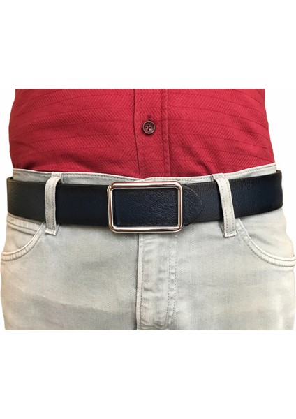 Deri Yeni Trend, Pimli Parlak Gümüş Tokalı, Dayanıklı Lacivert Kemer 4 cm