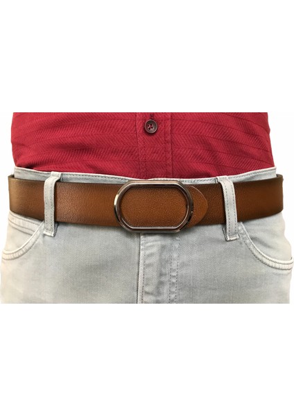 Deri Yeni Trend, Pimli Oval Siyah Nikel Tokalı, Dayanıklı Açık Kahverengi Kemer 4 cm