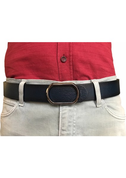 Deri Yeni Trend, Pimli Oval Siyah Nikel Tokalı, Dayanıklı Lacivert Kemer 4 cm