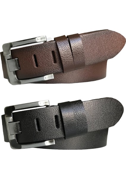 Deri 2'li Set 4.5 cm Geniş Dilli Kot, Spor Kemer; Siyah, Kahverengi