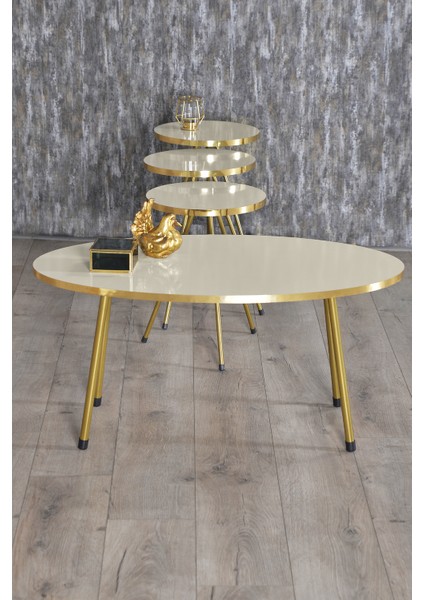 Mobilya Zigon Sehpa ve Orta Sehpa Elips Gold Metal Ayak Gold Krem Set