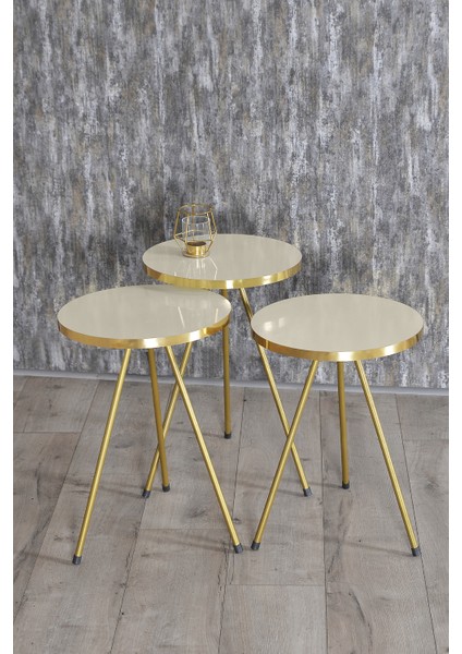Mobilya Zigon Sehpa ve Orta Sehpa Elips Gold Metal Ayak Gold Krem Set modelleri