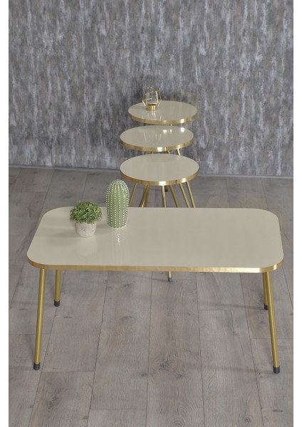 Mobilya Zigon Sehpa ve Orta Sehpa Kr Gold Metal Ayak Gold Krem Set
