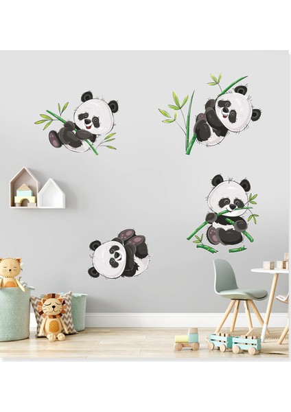 Sevimli Pandalar ve Bambu Dalları Çocuk Odası Duvar Sticker