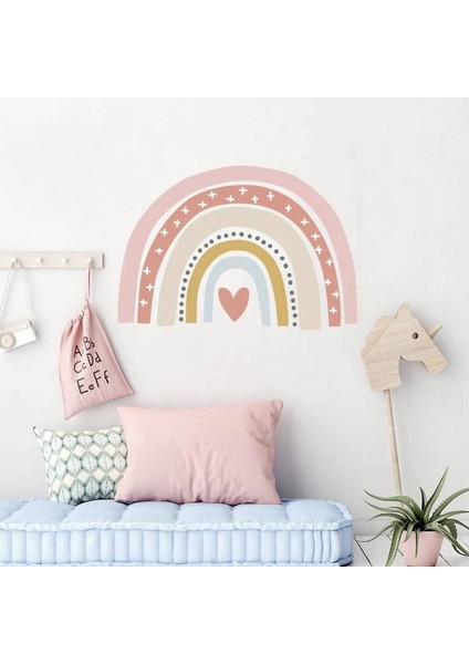 Çocuk Odası Duvar Sticker Kalp ve Puantiyeli Soft Renkli Gökkuşağı