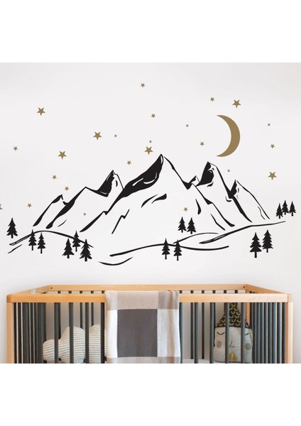 Duvar Sticker Çocuk Odası - Gece Gökyüzü Dağlar , Ay ve Yıldızlar
