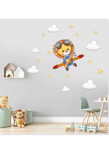 Sevimli Pilot Aslan Bulutlar ve Yıldızlar Çocuk Odası Dekoratif Ölçer Sticker