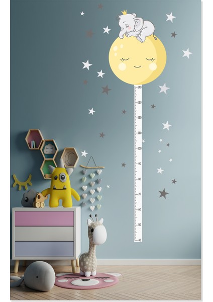Sevimli Uyuyan Fil ve Ay Boy Ölçer Çocuk Odası Duvar Sticker