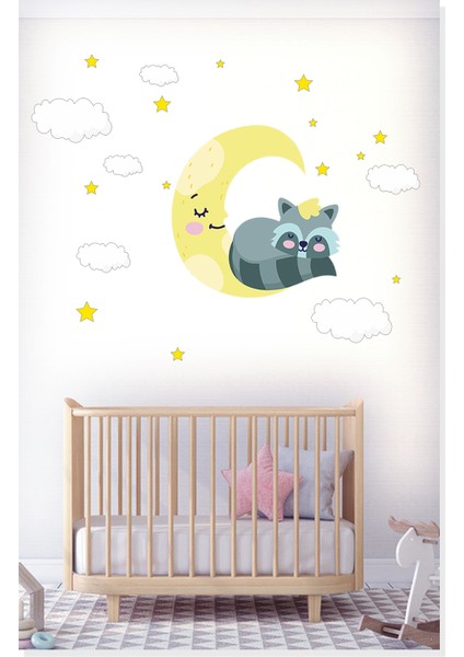 Uyuyan Rakun Beyaz Bulutlar Ay ve Yıldızlar Set Çocuk Odası Duvar Sticker