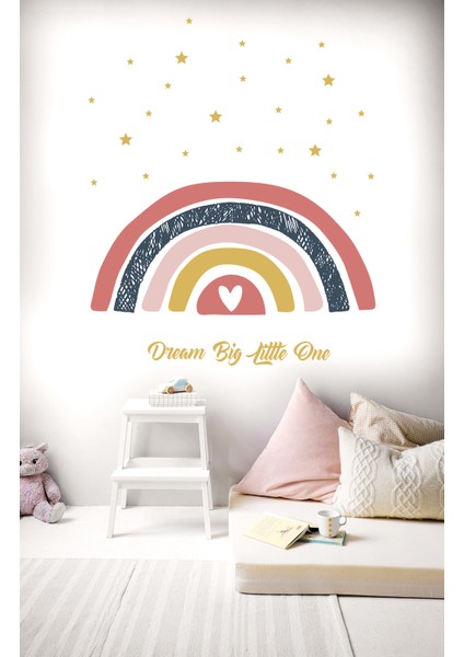 Iskandinav Stil Gökkuşağı ve Yıldızlar Teması - Dream Big Çocuk Odası Duvar Sticker