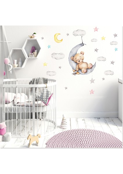 Bulutta Uyuyan Yavru Ayıcık Bulut ve Yıldızlar Çocuk Odası Rüya Duvar Sticker